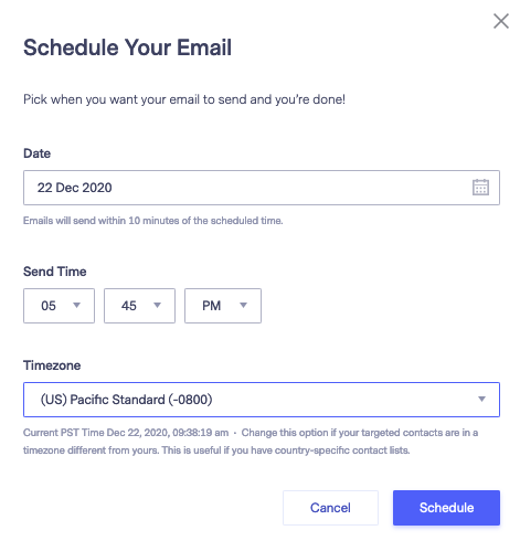 pardot schedule email time zone