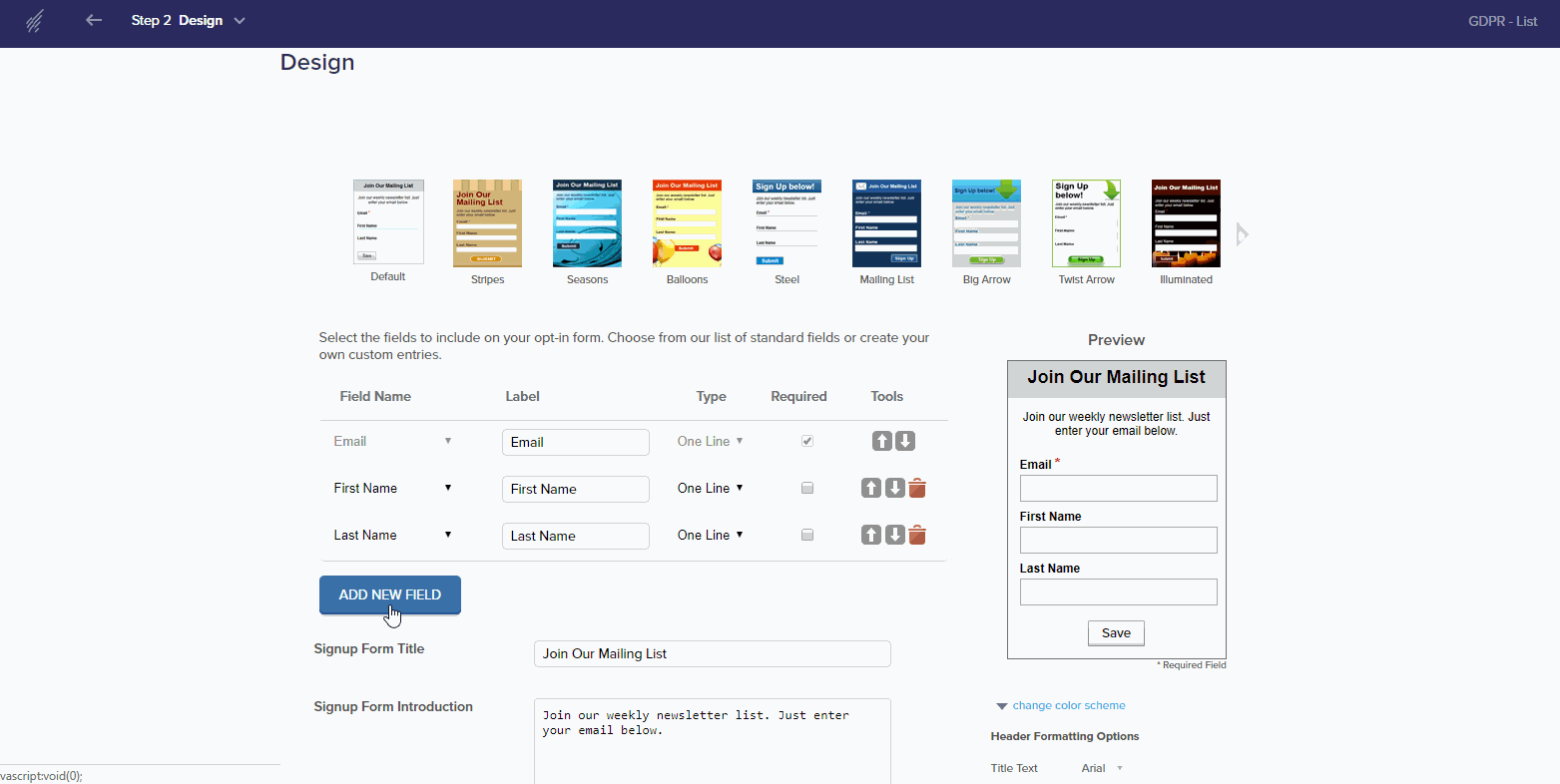 sign up form for GDPR compliance